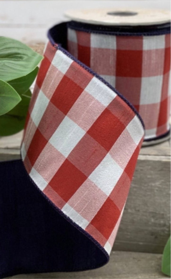 Red and white check with blue back 4” wired ribbon 07 - 1821 - Greenery Market07 - 1821