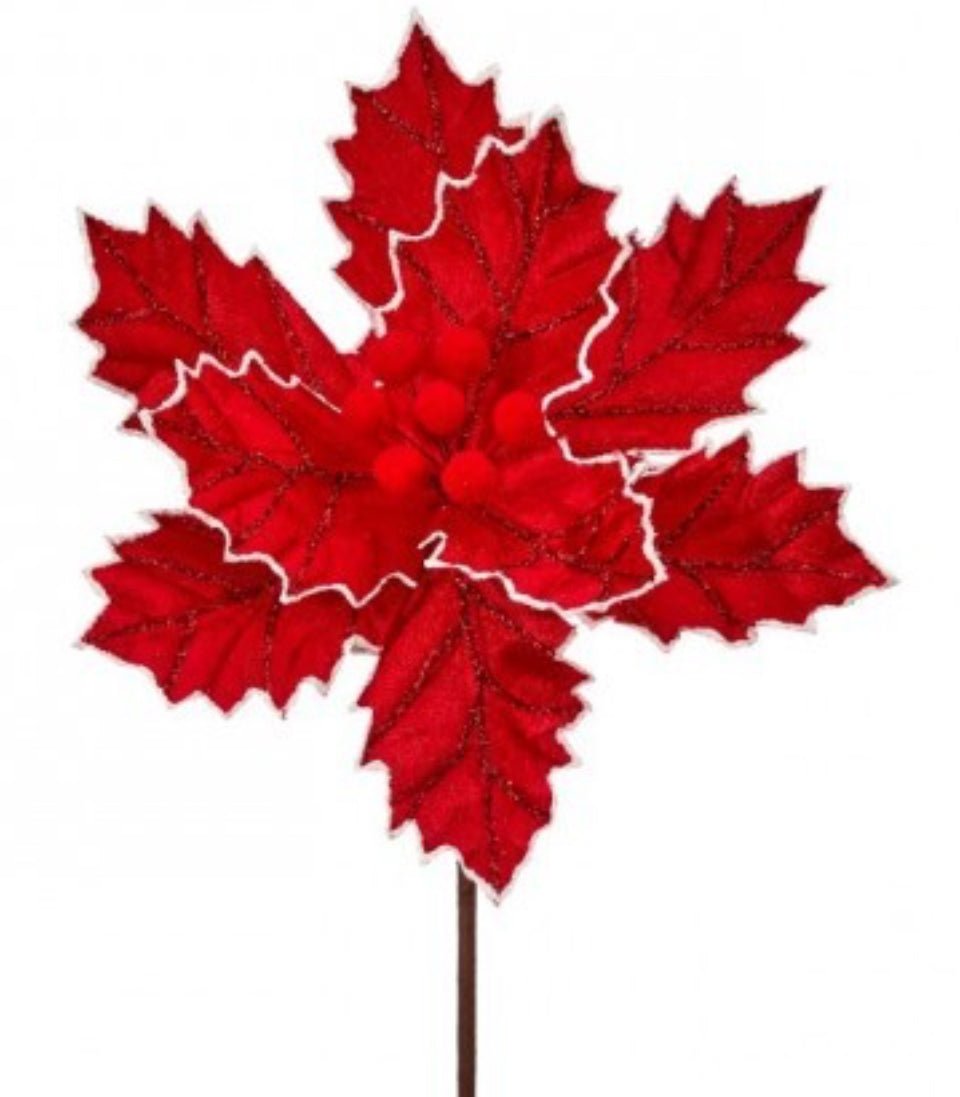 Red and white velvet, pompom poinsettia - Greenery MarketMTX73402