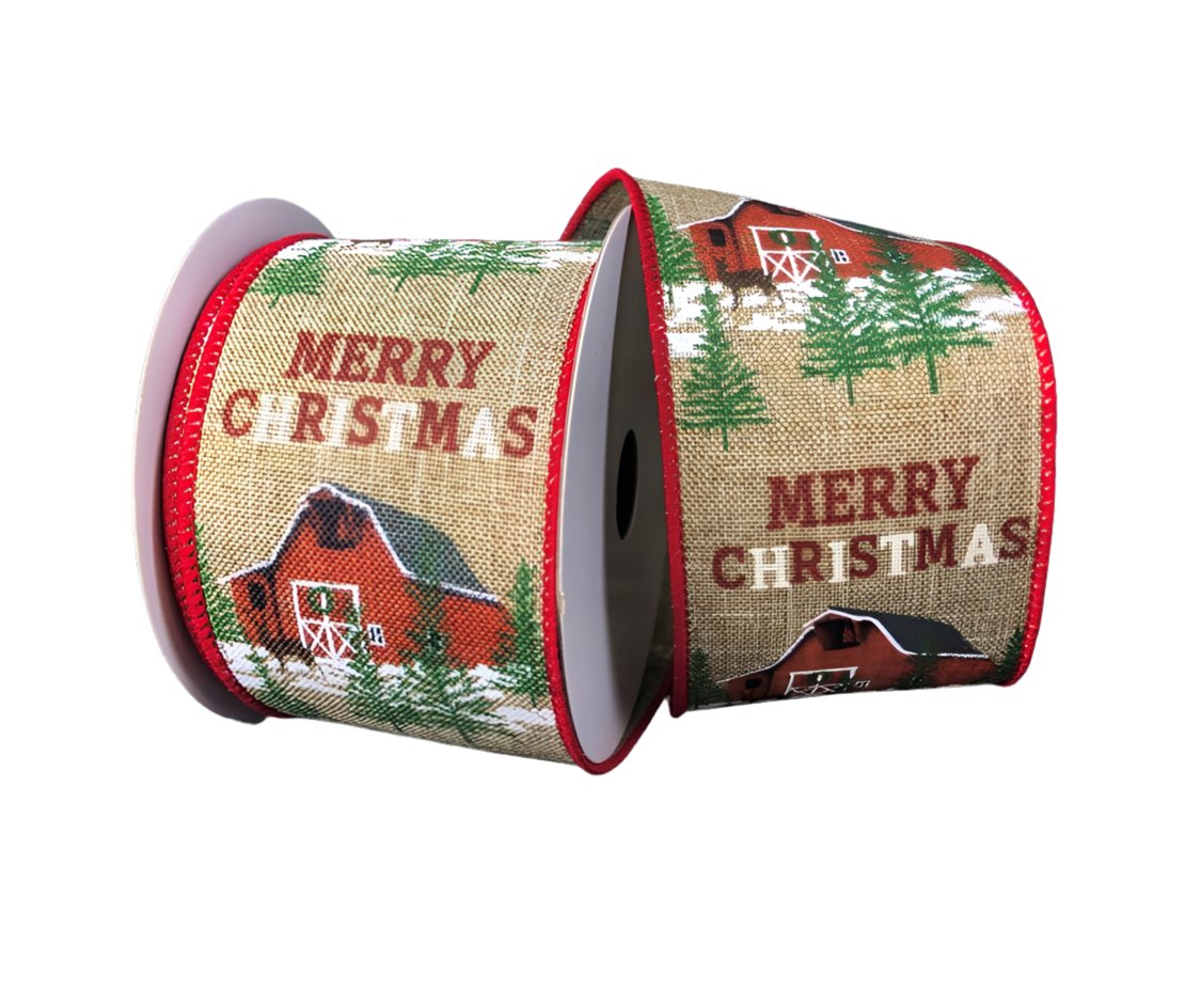 Barn Ribbon Red barn with pine trees 2.5” wired ribbon - Greenery Market