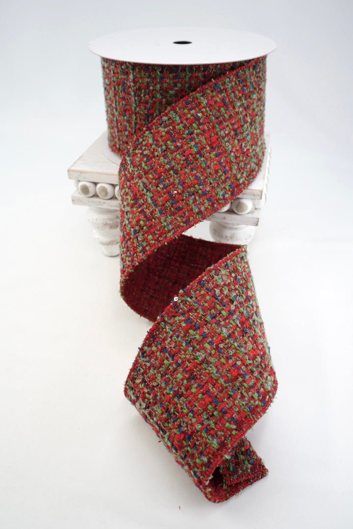 Red, Blue, & Green Wool Wired Ribbon - 4" - Greenery MarketRibbon258436
