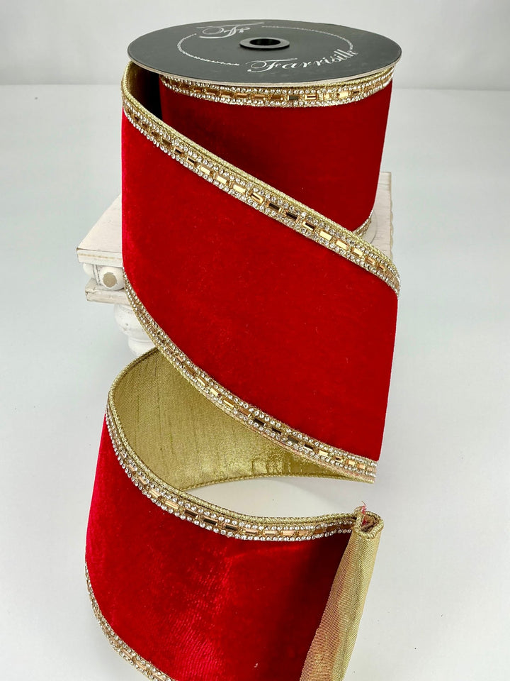 Red brilliant boarders velvet 4” farrisilk wired ribbon - Greenery MarketRibbons & TrimRK753 - 02