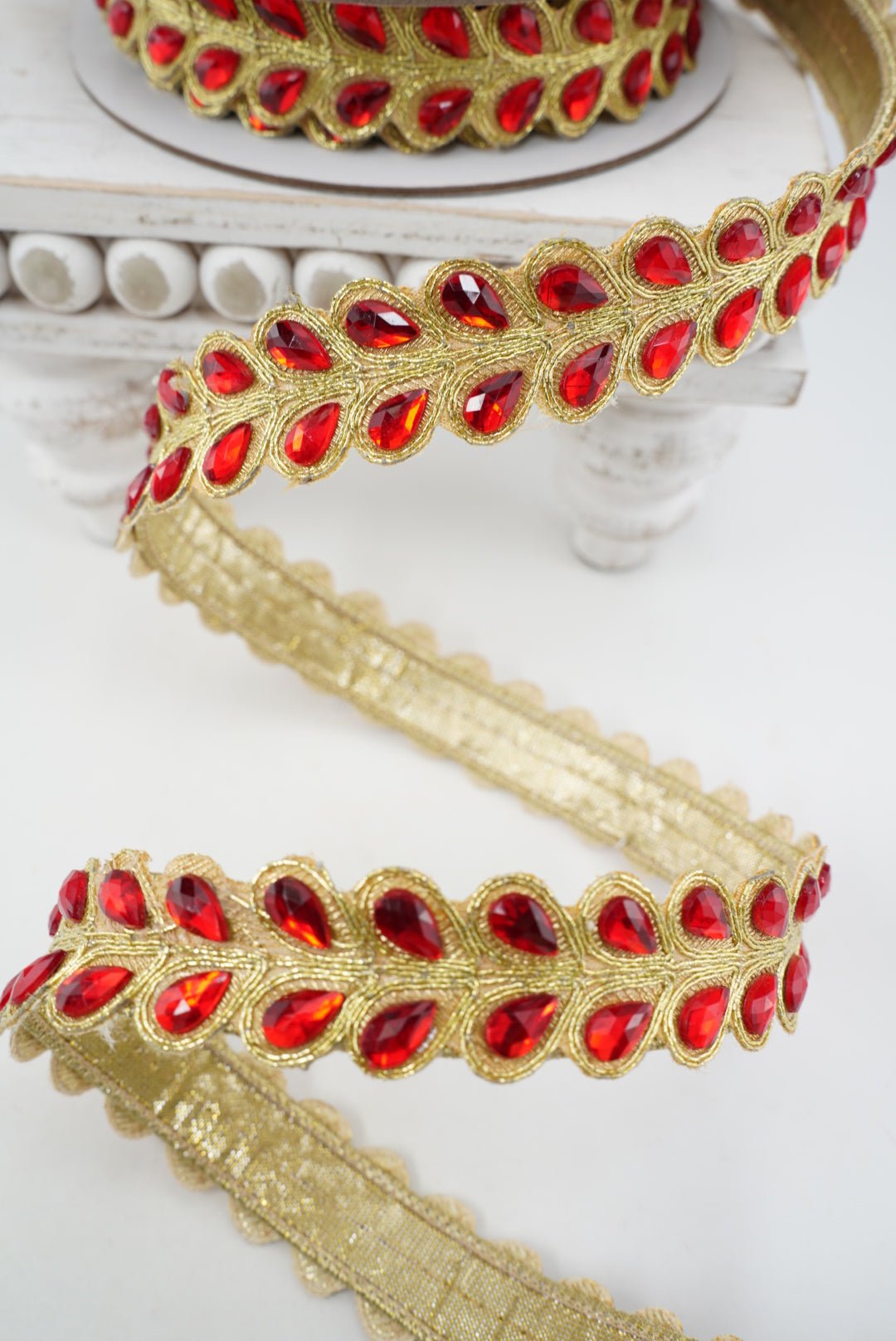 Red Crystal Pears Gemstones 1” Farrisilk Wired Ribbon - Greenery MarketRibbons & TrimRK833-02