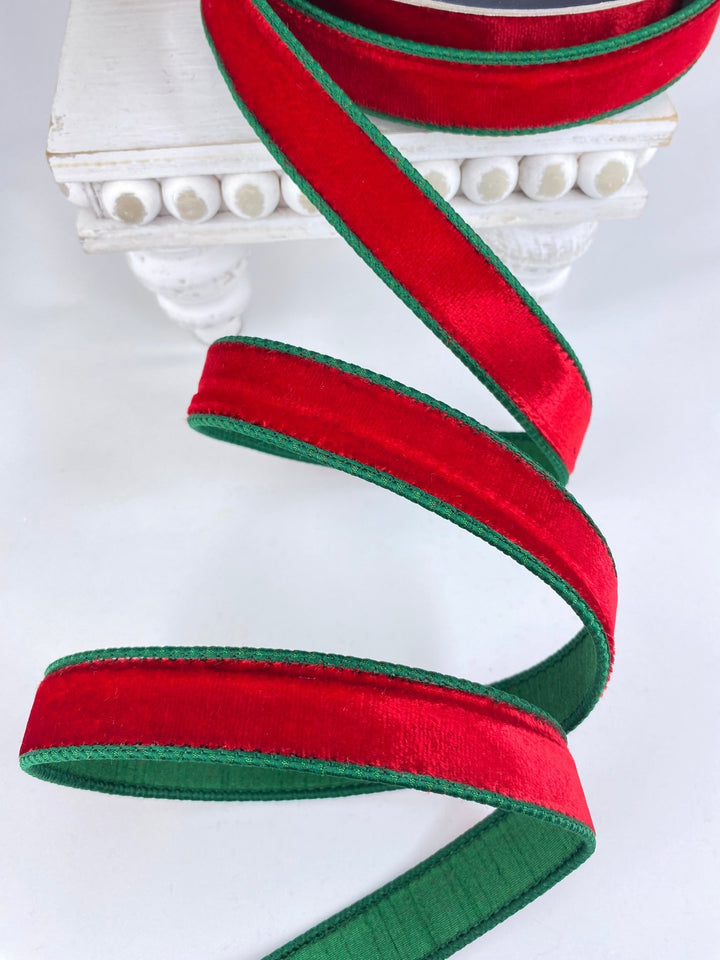 Red & Emerald 2 Tone Velvet Farrisilk Wired Ribbon - 1" - Greenery MarketRK130 - 01