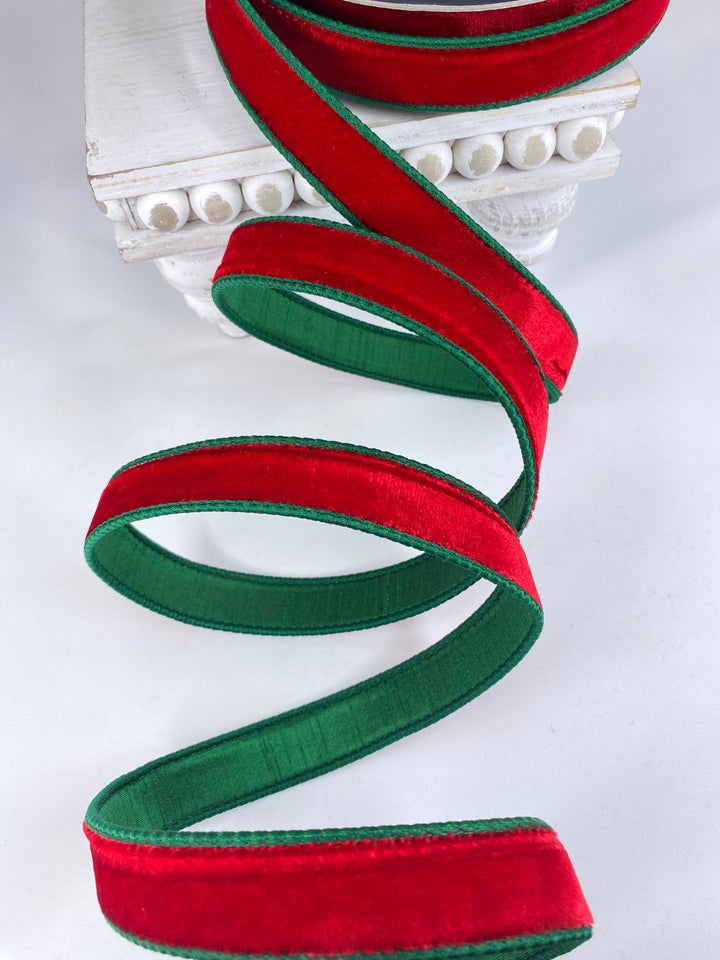 Red & Emerald 2 Tone Velvet Farrisilk Wired Ribbon - 1" - Greenery MarketRK130 - 01