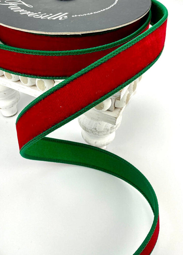 Red & Emerald 2 Tone Velvet Farrisilk Wired Ribbon - 1" - Greenery MarketRK130 - 01