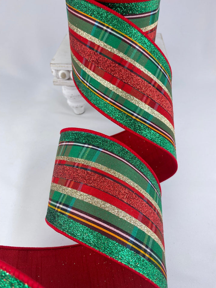 Red & Emerald Glitzy Plaid Farrisilk Wired Ribbon - 4" - Greenery MarketRG632 - 47