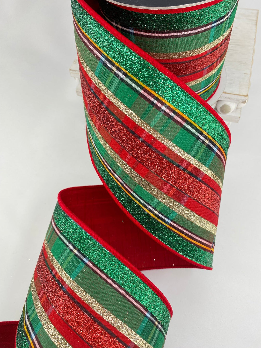 Red & Emerald Glitzy Plaid Farrisilk Wired Ribbon - 4" - Greenery MarketRG632 - 47