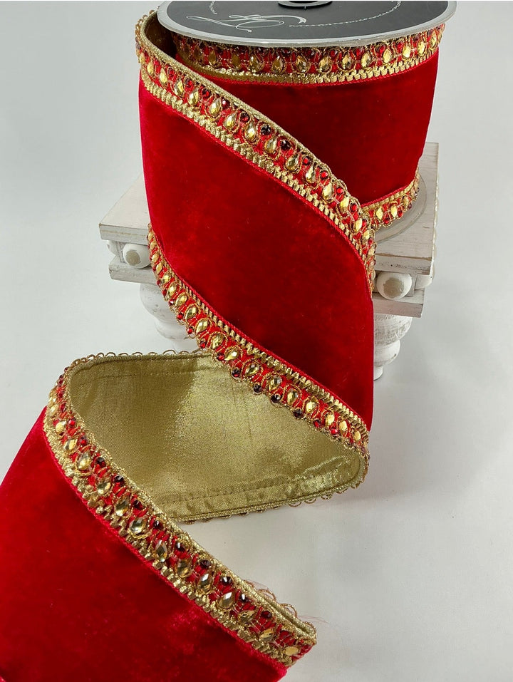 Red Farrisilk king edwards velvet tree ribbon - 4” - Greenery Marketwired ribbonRK340-02