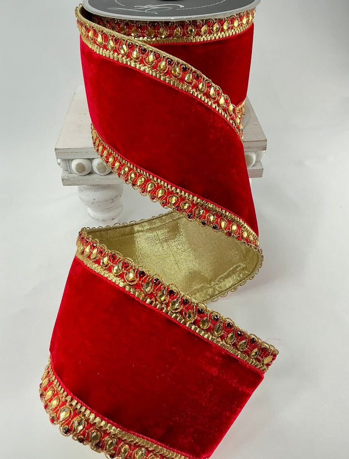 Red Farrisilk king edwards velvet tree ribbon - 4” - Greenery Marketwired ribbonRK340-02