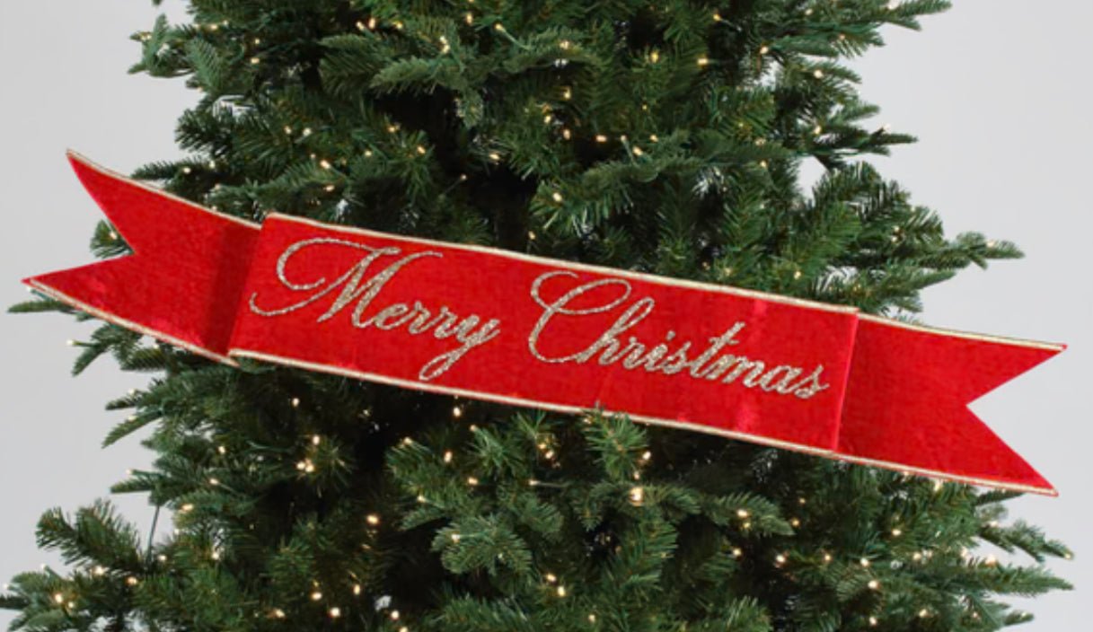 Red Farrisilk velvet Merry Christmas banner 4” - Greenery Marketwired ribbonRG829-02