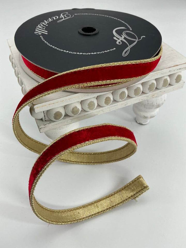 Red flashy velvet luster .75” farrisilk skinny wired ribbon - Greenery MarketRibbons & TrimRG074 - 02