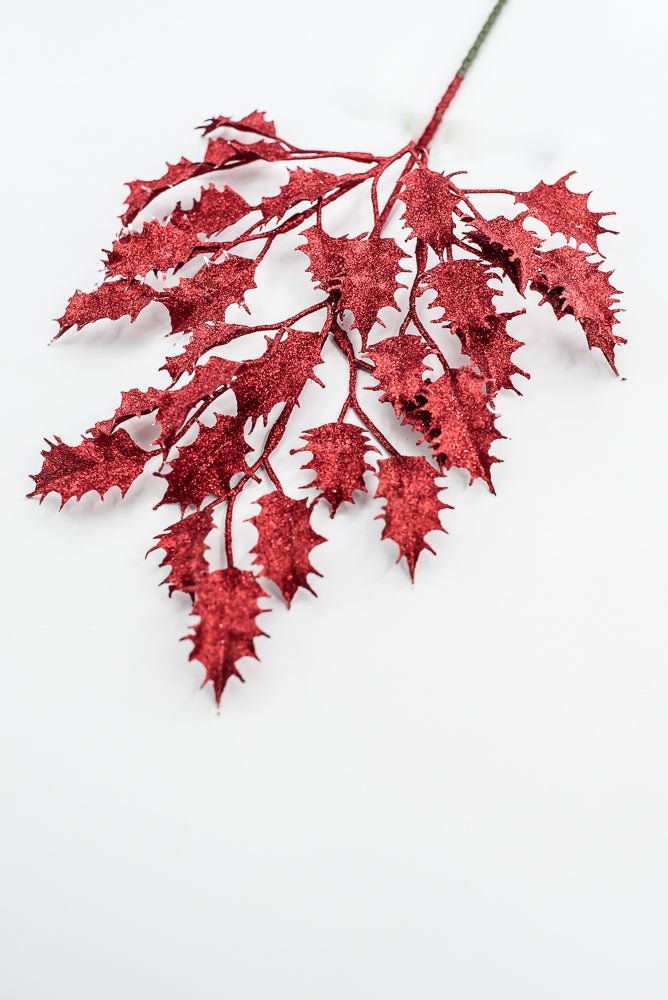 Red Glitter Holly Leaves Spray - Greenery Market86485RD