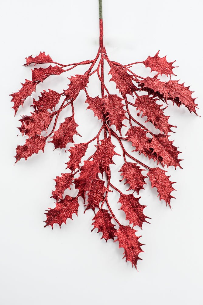 Red Glitter Holly Leaves Spray - Greenery Market86485RD