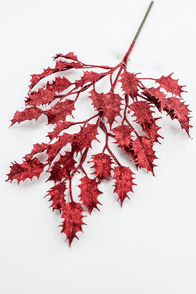 Red Glitter Holly Leaves Spray - Greenery Market86485RD