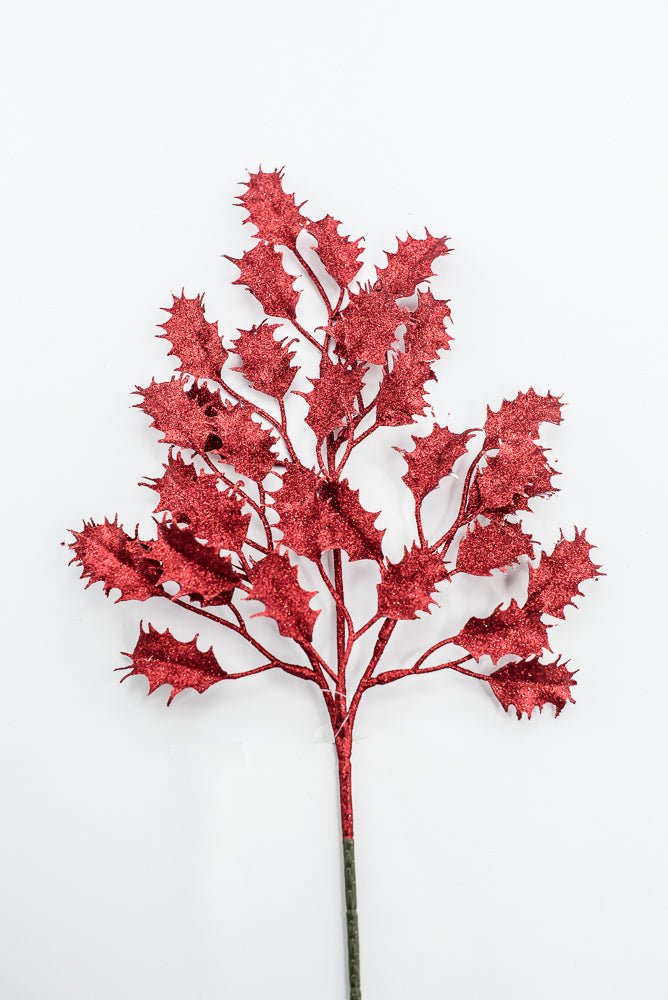 Red Glitter Holly Leaves Spray - Greenery Market86485RD
