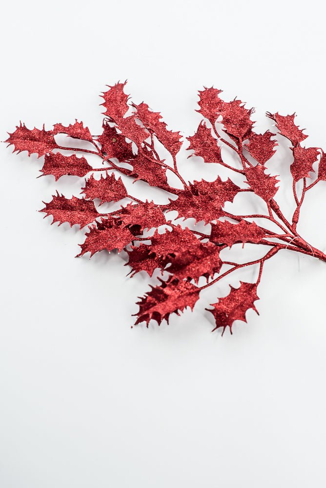 Red Glitter Holly Leaves Spray - Greenery Market86485RD
