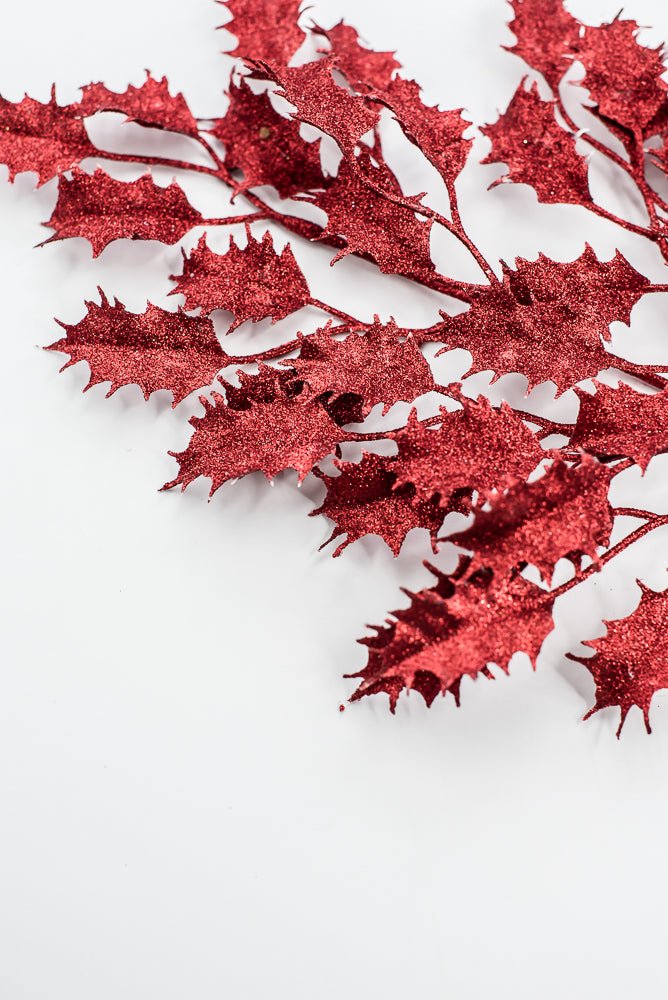 Red Glitter Holly Leaves Spray - Greenery Market86485RD