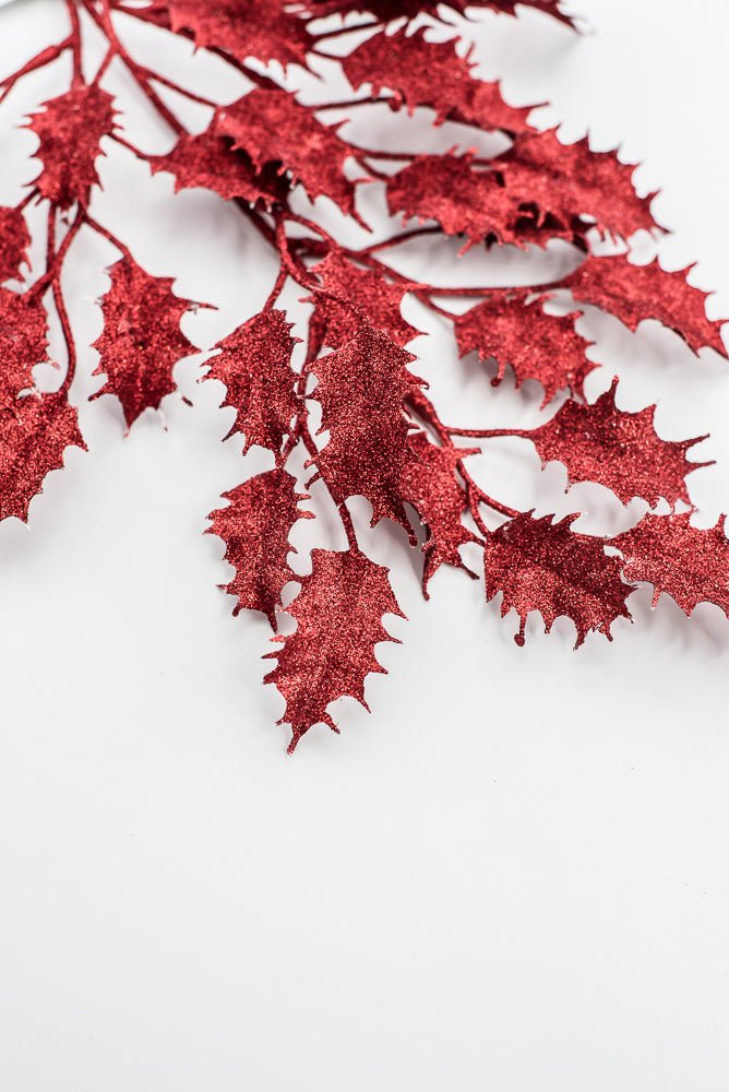 Red Glitter Holly Leaves Spray - Greenery Market86485RD