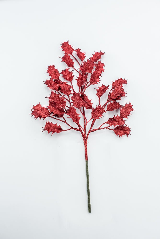 Red Glitter Holly Leaves Spray - Greenery Market86485RD