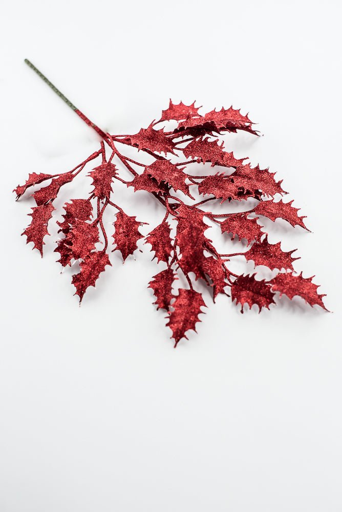 Red Glitter Holly Leaves Spray - Greenery Market86485RD