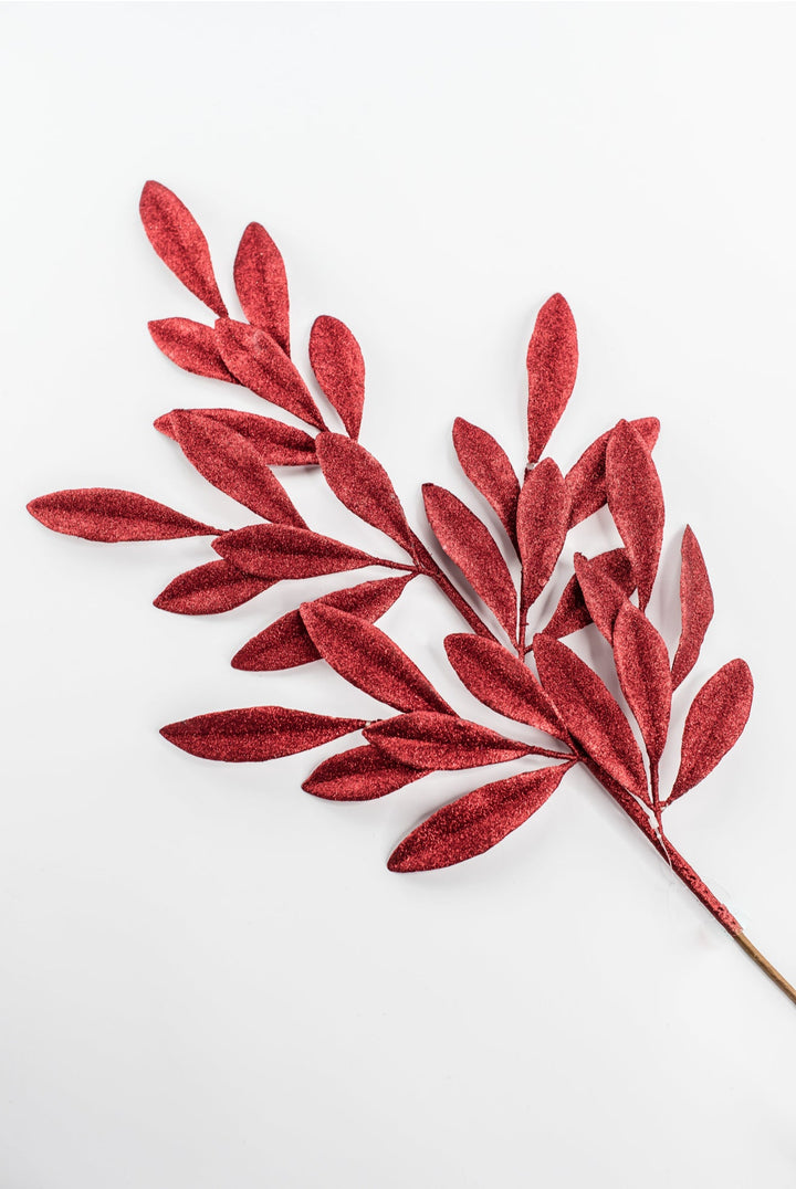 Red Glitter Laurel Leaves Spray - Greenery Market86483RD