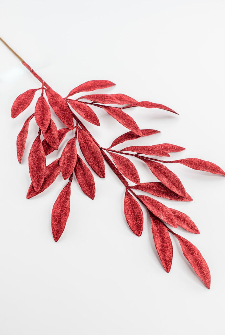 Red Glitter Laurel Leaves Spray - Greenery Market86483RD