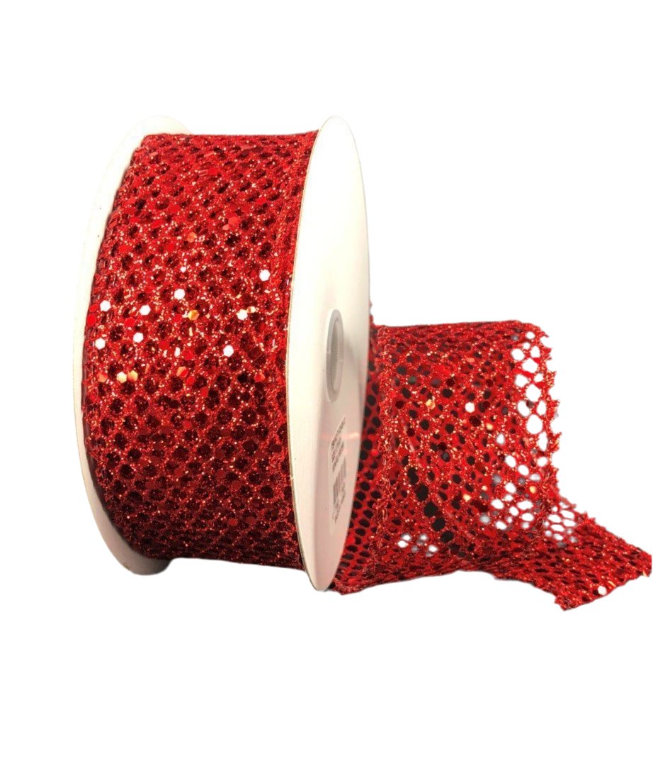 Red glitter net wired ribbon, 1.5" - Greenery MarketWired ribbon71123 - 09 - 12