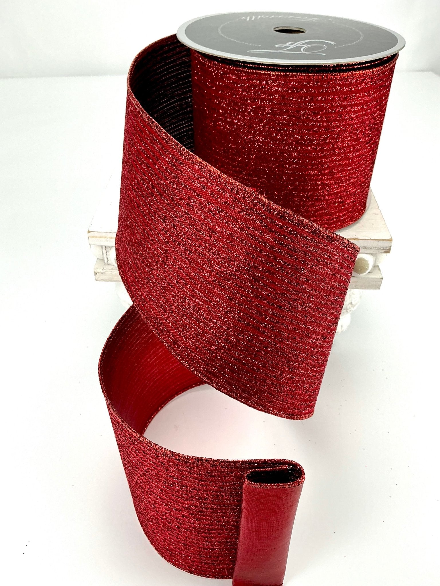 Red glitter stripe 4” farrisilk wired ribbon - Greenery Market