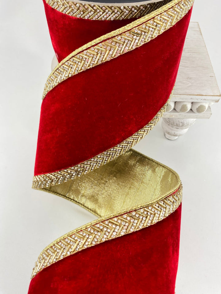 Red Gold Chevron Crystals Farrisilk Wired Ribbon - 4" - Greenery MarketRK813 - 84