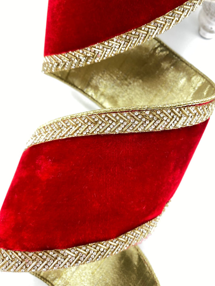 Red Gold Chevron Crystals Farrisilk Wired Ribbon - 4" - Greenery MarketRK813 - 84