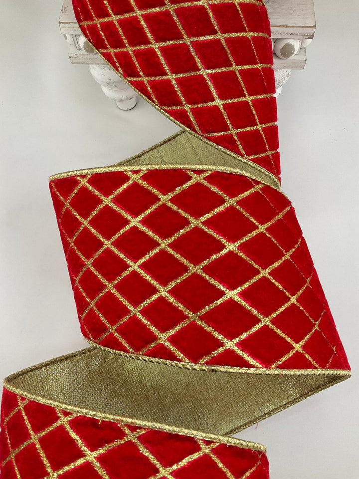 Red & Gold Metallic Diamond Farrisilk Wired Ribbon - 4" - Greenery MarketRG454 - 02