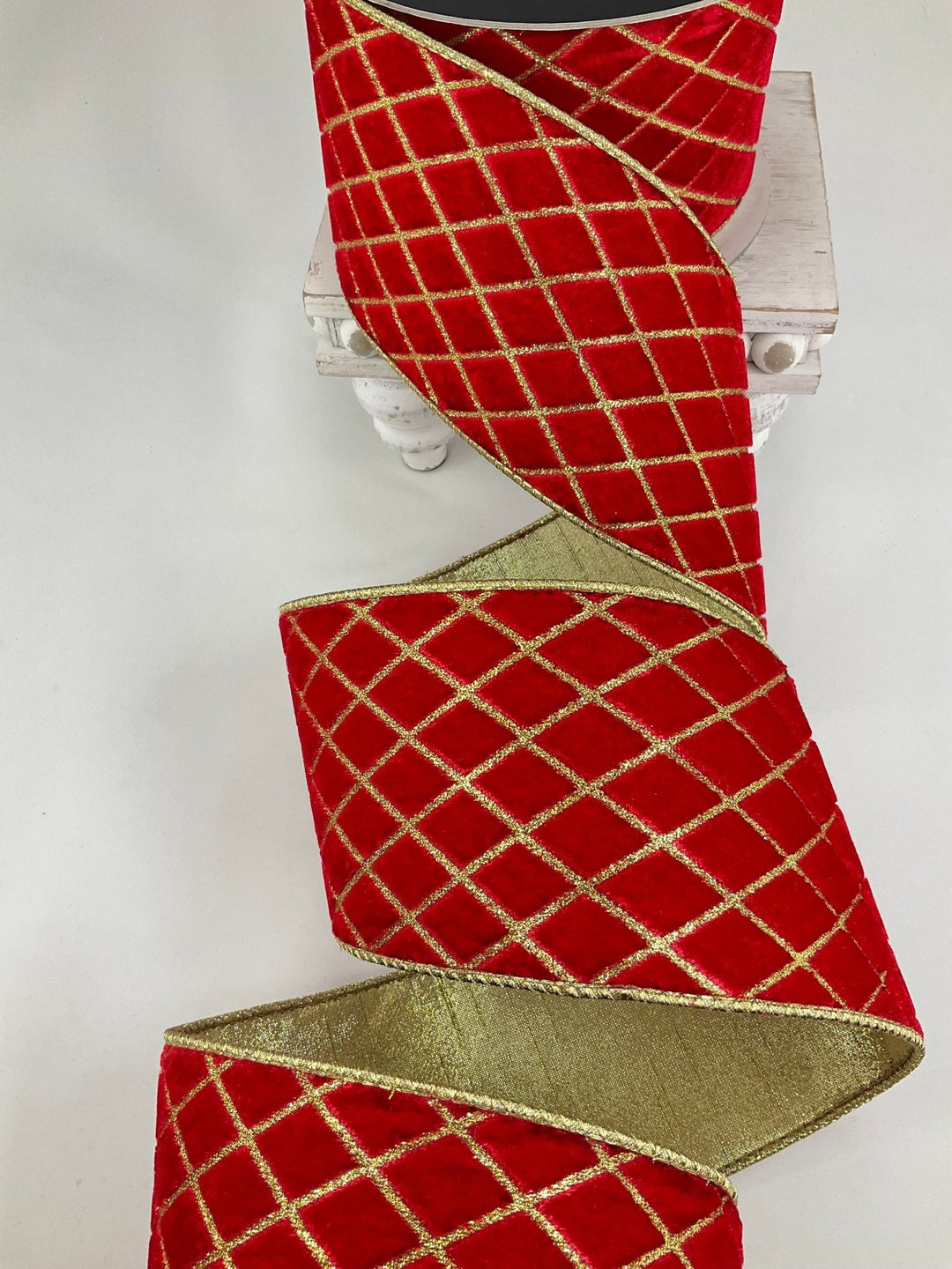 Red & Gold Metallic Diamond Farrisilk Wired Ribbon - 4" - Greenery MarketRG454 - 02