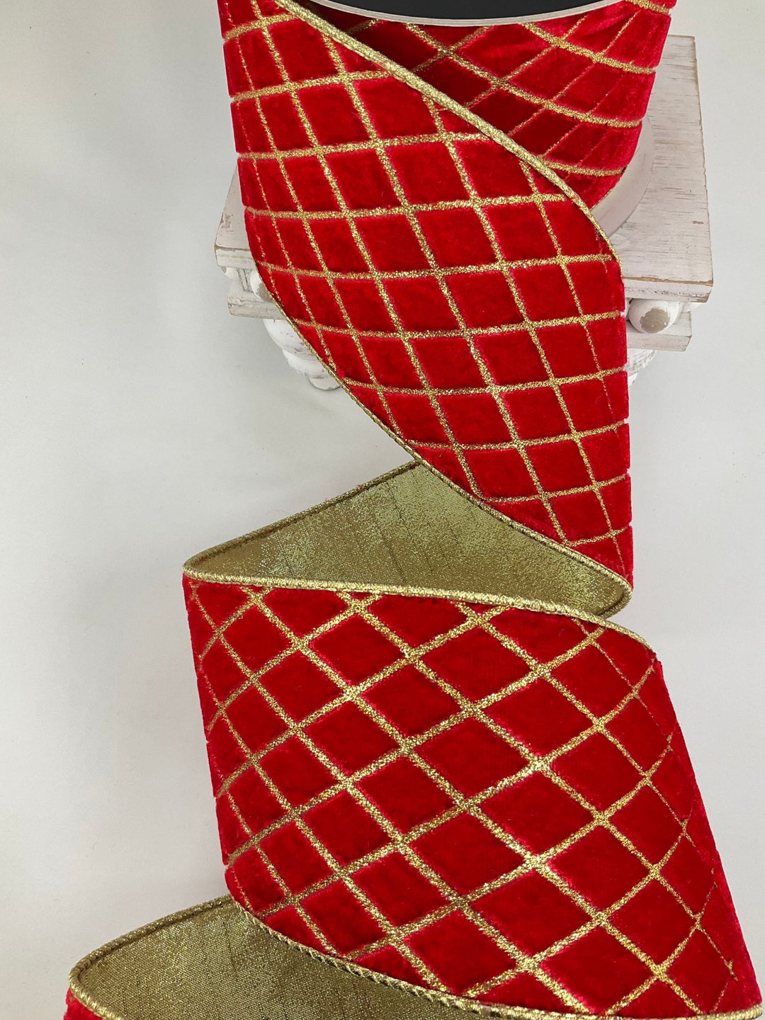 Red & Gold Metallic Diamond Farrisilk Wired Ribbon - 4" - Greenery MarketRG454 - 02
