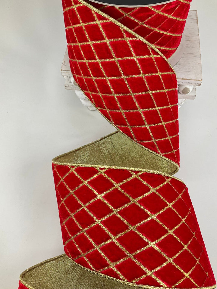 Red & Gold Metallic Diamond Farrisilk Wired Ribbon - 4" - Greenery MarketRG454 - 02