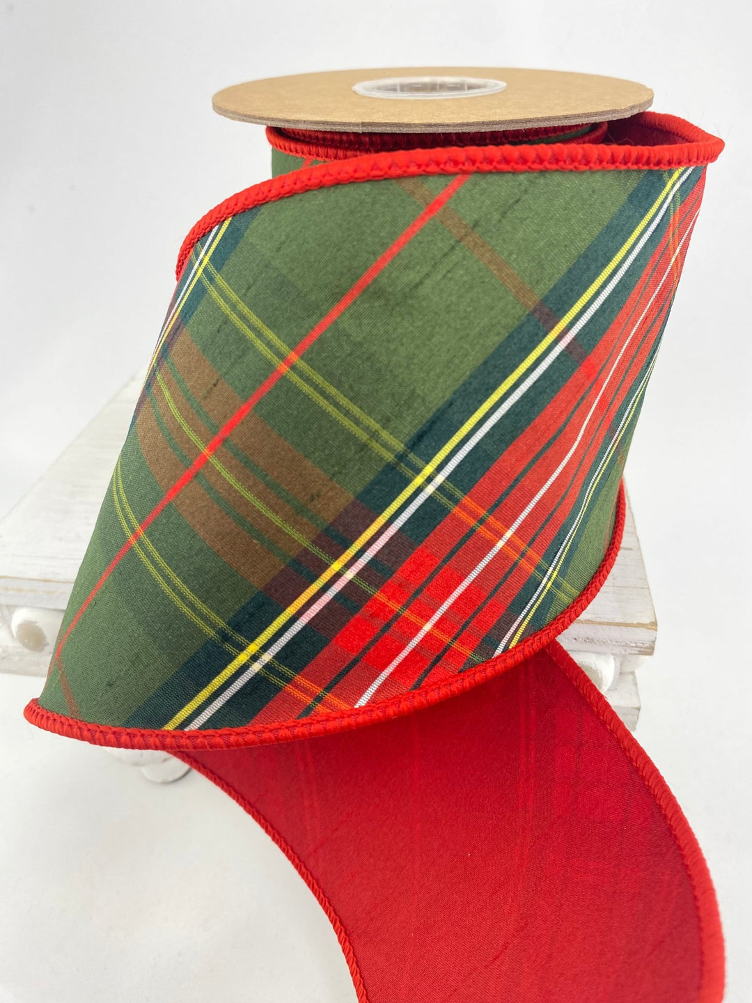 Red & Green Bias Plaid Wired Dupioni Ribbon - 4" - Greenery Market5606W-036-100C