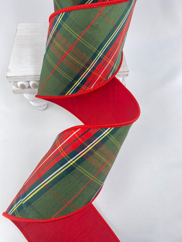 Red & Green Bias Plaid Wired Dupioni Ribbon - 4" - Greenery Market5606W-036-100C