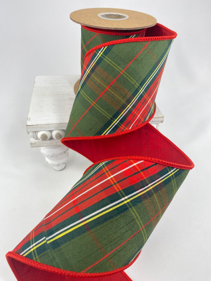 Red & Green Bias Plaid Wired Dupioni Ribbon - 4" - Greenery Market5606W-036-100C