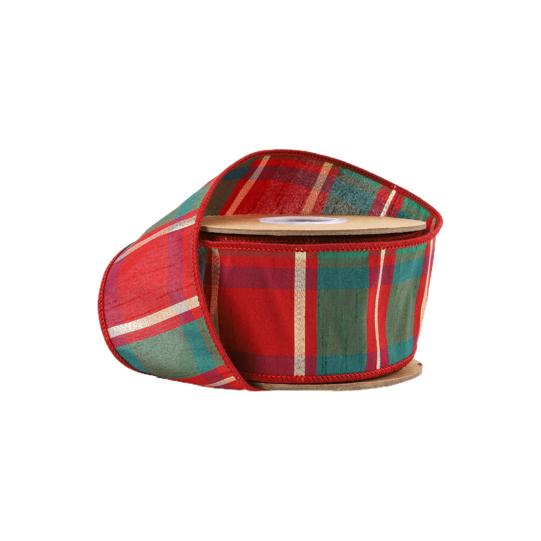 Red, Green, & Gold Plaid Check Wired Dupioni Ribbon - 2.5" - Greenery Market9113W-036-63E
