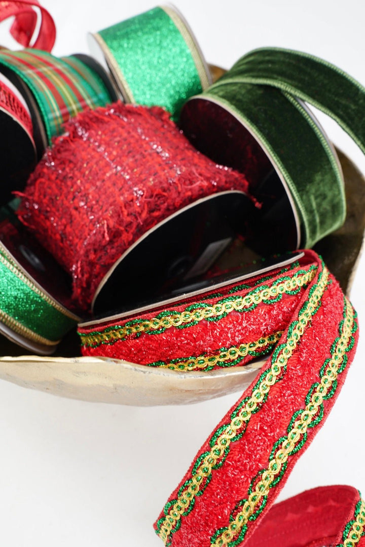 Red, Green & Gold Sequin With Trim Ribbon - 1.5" - Greenery MarketRibbon208178