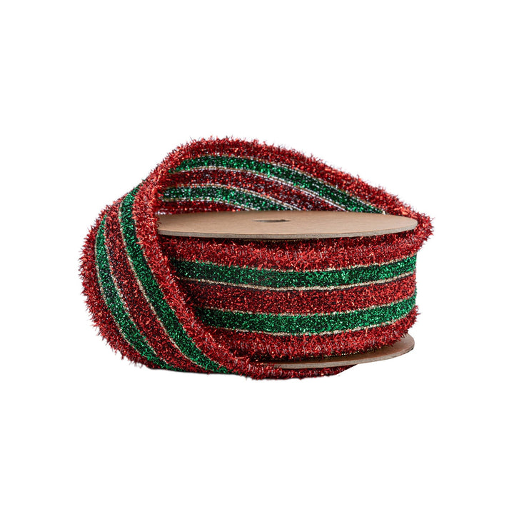 Red, Green, & Gold Wired Woven Tinsel Ribbon - 1.5" - Greenery Market8007W - 039 - 38E