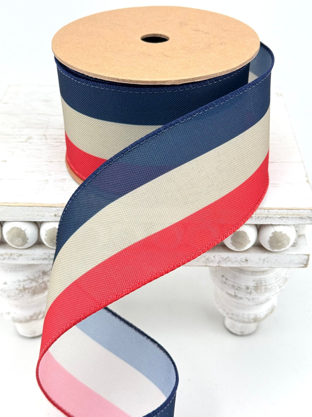Red, Natural, & Navy Blue Bunting Stripe Wired Ribbon - 2.5" - Greenery MarketWired Ribbon9501W-032-63E