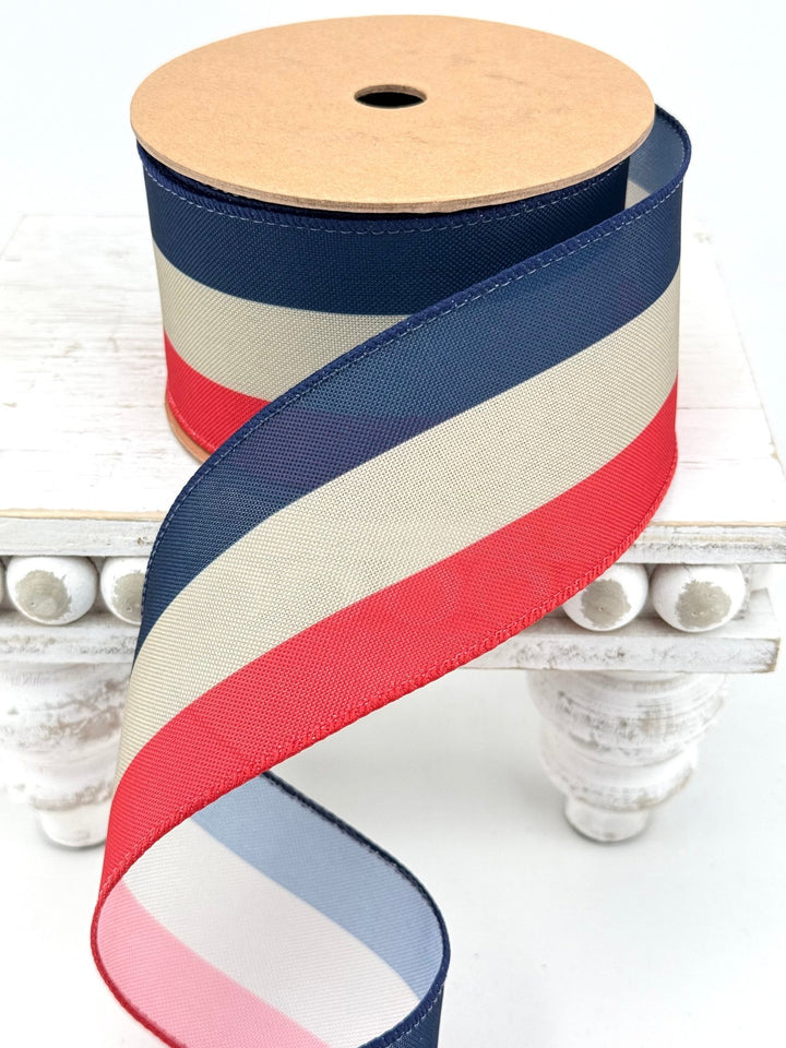 Red, Natural, & Navy Blue Bunting Stripe Wired Ribbon - 2.5" - Greenery MarketWired Ribbon9501W-032-63E