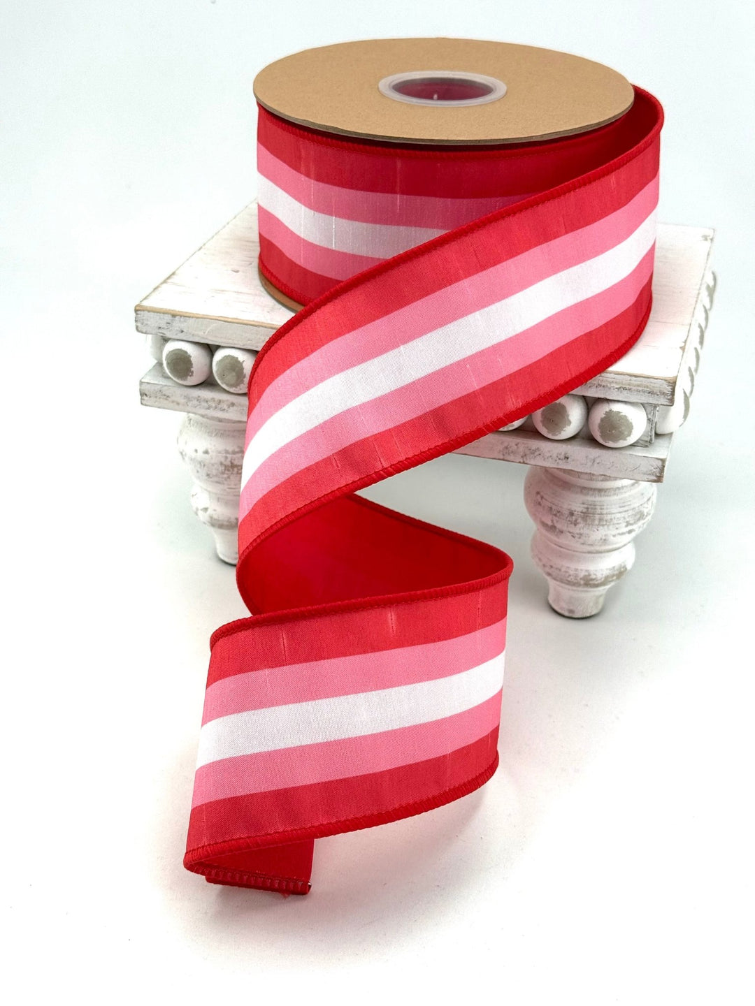 Red & Pink Stripe With Red Backing Dupioni Wired Ribbon - 2.5" - Greenery MarketWired Ribbon9417W-006-63E