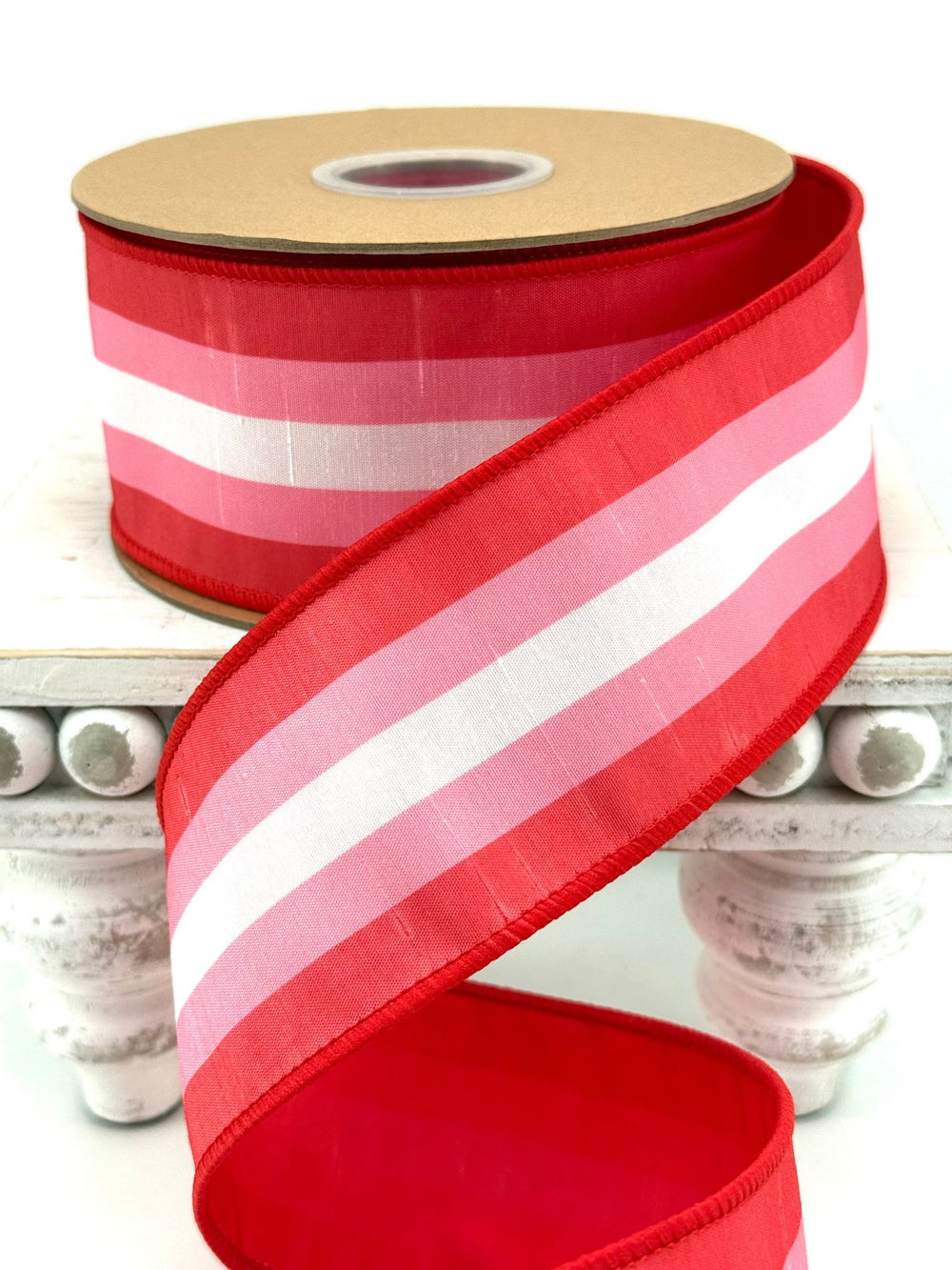Red & Pink Stripe With Red Backing Dupioni Wired Ribbon - 2.5" - Greenery MarketWired Ribbon9417W-006-63E