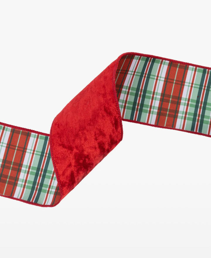 Red Premium Velvet With Plaid Back Wired Ribbon - 4" - Greenery Market7203W - 036 - 100E