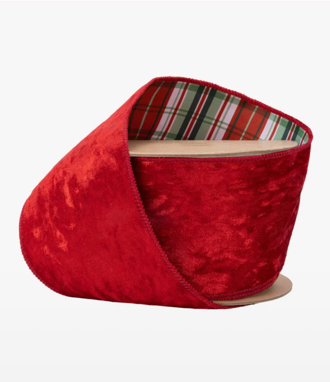Red Premium Velvet With Plaid Back Wired Ribbon - 4" - Greenery Market7203W - 036 - 100E