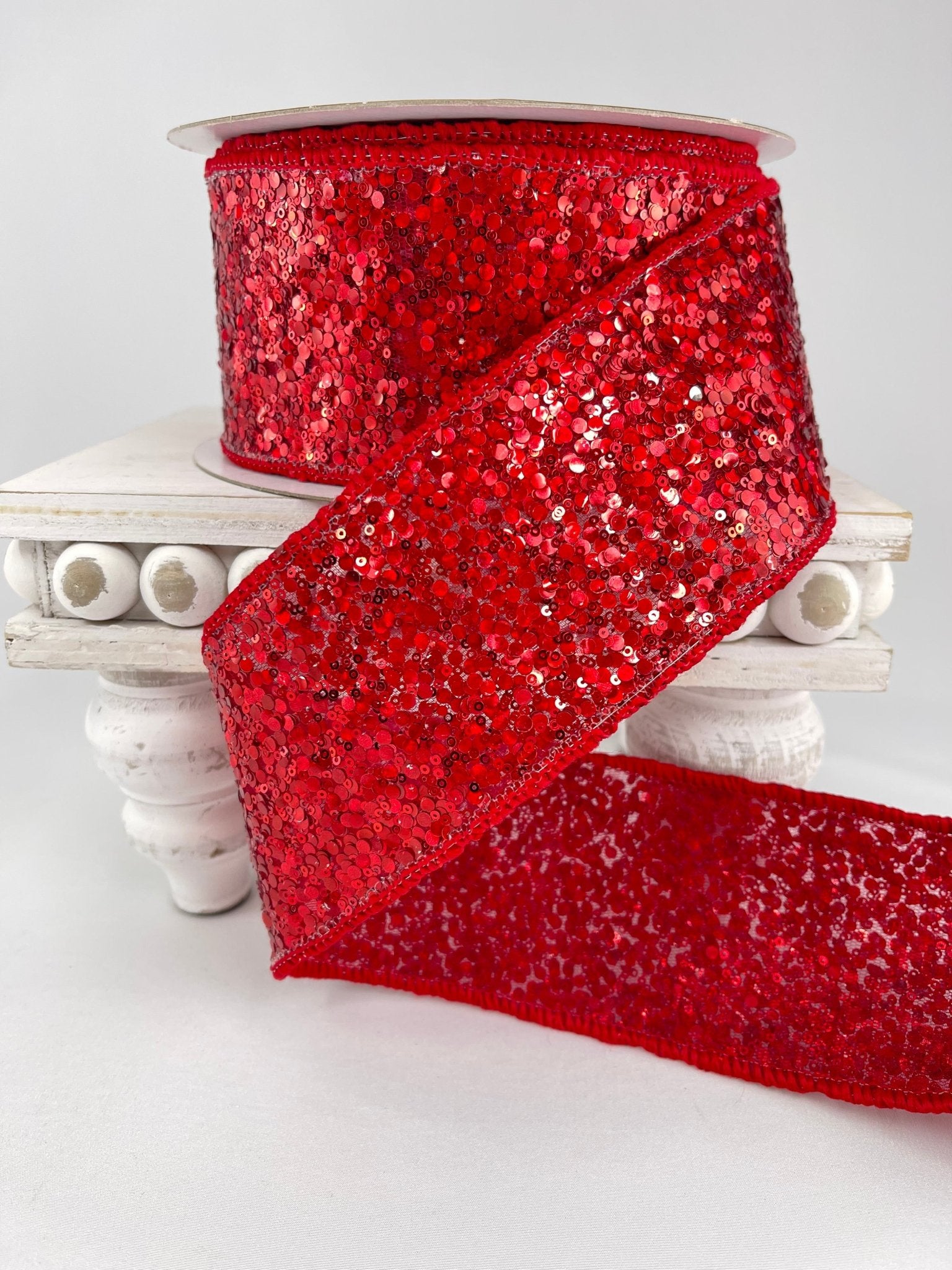 5.リボンリース Red sequin wired ribbon - 2.5” - Greenery Market