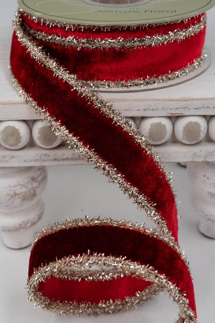 Red Tinsel Edged Velvet Ribbon - 1" - Greenery MarketRV8121-RE