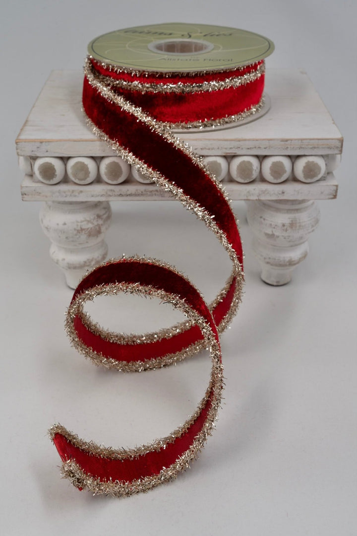 Red Tinsel Edged Velvet Ribbon - 1" - Greenery MarketRV8121-RE
