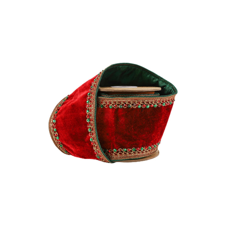 Red Trim Jeweled Wired Premium Velvet Ribbon - 4" - Greenery Market7052W - 250 - 100C